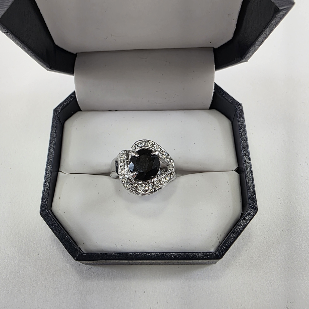 Black Round Stone Statement Ring Crystal Halo Sil… - image 2